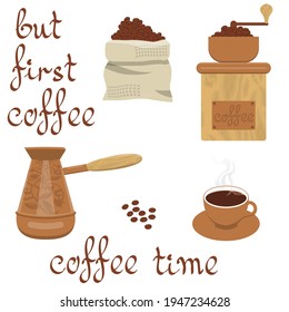café - artículos aislados sobre un fondo blanco - bolsa con café, molino de café, cezve, granos, taza.