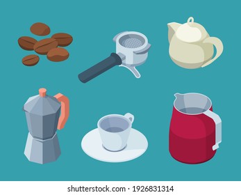 Coffee items. Barista professional equipment coffee machine hot drinks cups espresso black natural beans garish vector isometric illustrations collection