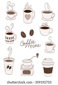 coffee items, cup to go, beans doodle. vector