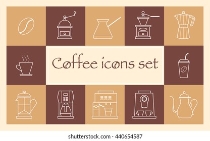 Coffee, items, machines. Set contour icons. Vector.
