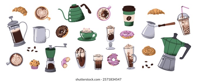 Coffee items set. Elements of coffeeshop. Teapot, coffee pot. Various coffee drinks and desserts. Flat vector illustrations isolated on white background