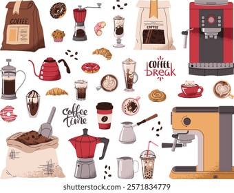 Coffee items set. Elements of coffeeshop. Coffee machines, beans grinder, coffeepots. Various coffee drinks and desserts. Flat vector illustrations isolated on white background