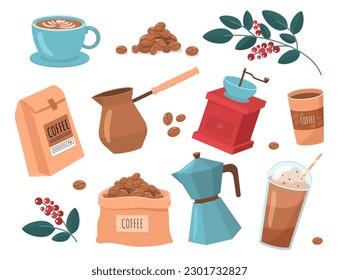 Coffee items set. Icons for website. Cup with hot drink, coffee grinder and beans. Mochachino and cappuccino, latte. Aroma and beverage. Cartoon flat vector collection isolated on white background