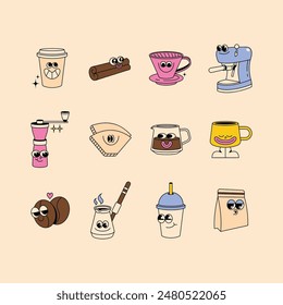 Сollection of coffee items. Coffee shop, barista. Coffee. Character design, groovy. Vintage, retro characters.
