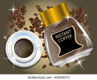 Coffee Jar, Coffee  Beans and  White Cup Isolated in Brown Background. Vector Illustration. Eps10.