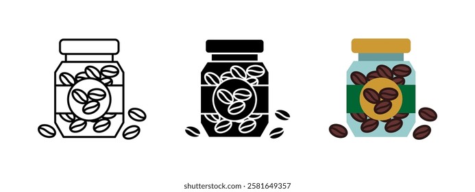 Icono de tarro de café. Ilustración vectorial de frijoles tostados. Símbolo de embalaje de contenedor de almacenamiento. Signo de cafeína aromática fresca. Concepto de producto de café de vidrio sellado. Pictograma de la lata de café.