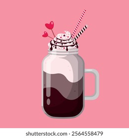 Coffee in jar with whipped cream  and decorative elements isolated on pink background. Coffee for Valentines Day design. Design for  coffeeshops, shops,  cafeterias. Vector illustration.