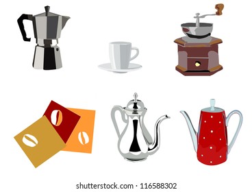 coffee  and java kettles and pots isolated on white backgr
