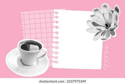 Coffee journal pages collage, torn checkered paper, flower halftone magazine cutout. Inspirational moodboard set.