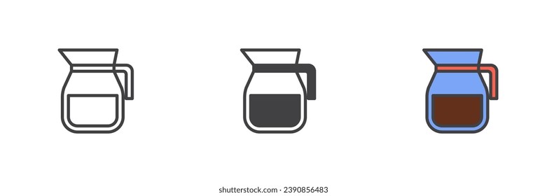 Kaffeebeutel anderer Stil Symbol Set. Linie, Glyph und gefüllte Umrissversion, Umriss und ausgefülltes Vektorzeichen. Pitcher-Symbol, Logo-Illustration. Vektorgrafik