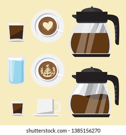 Coffee jug and coffee element such as espresso, water, latte, latte art from top view and regular coffee