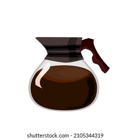 Coffee jug with handle.There is a lid and a pointed mouth for pouring water.The pitcher is so transparent that you can see the coffee inside.Isolated vector illustration on a white background.