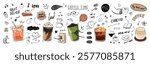 Coffee and juice beverage with cute doodle decoration. Cappuccino, matcha, orange juice, chocolat in glasses. Vector illustration blended coffee for logo, promotion, marketing, banner, ads.