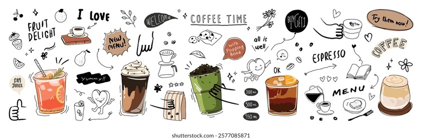 Coffee and juice beverage with cute doodle decoration. Cappuccino, matcha, orange juice, chocolat in glasses. Vector illustration blended coffee for logo, promotion, marketing, banner, ads.