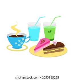 Coffee, juice and cakes. Vector illustration set of dessert.