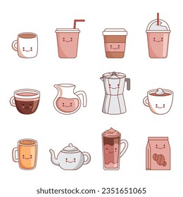 coffee kawaii cute icons set . vector illustration