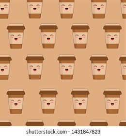 Coffee kawaii seamless pattern illustration, cute character vector.