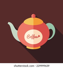 Coffee kettle flat square icon with long shadows.