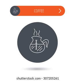 Coffee kettle icon. Hot drink pot sign. Gray flat circle button. Orange button with arrow. Vector