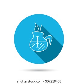 Coffee kettle icon. Hot drink pot sign. Blue flat circle button with shadow. Vector