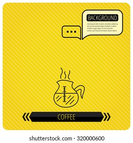 Coffee kettle icon. Hot drink pot sign. Chat speech bubbles. Orange line background. Vector