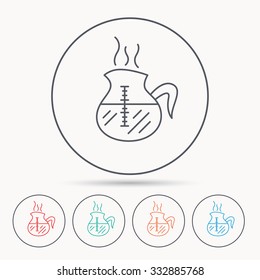 Coffee kettle icon. Hot drink pot sign. Linear circle icons.