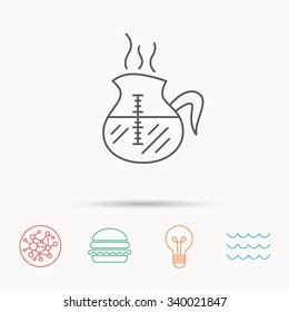Coffee kettle icon. Hot drink pot sign. Global connect network, ocean wave and burger icons. Lightbulb lamp symbol.
