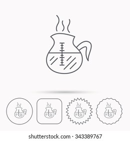 Coffee kettle icon. Hot drink pot sign. Linear circle, square and star buttons with icons.