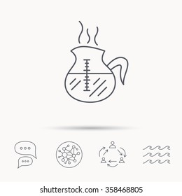 Coffee kettle icon. Hot drink pot sign. Global connect network, ocean wave and chat dialog icons. Teamwork symbol.