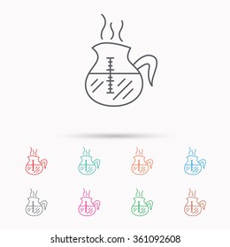 Coffee kettle icon. Hot drink pot sign. Linear icons on white background.
