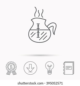 Coffee kettle icon. Hot drink pot sign. Download arrow, lamp, learn book and award medal icons.