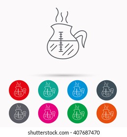 Coffee kettle icon. Hot drink pot sign. Linear icons in circles on white background.