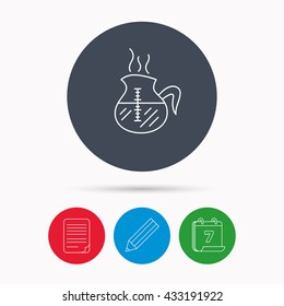 Coffee kettle icon. Hot drink pot sign. Calendar, pencil or edit and document file signs. Vector