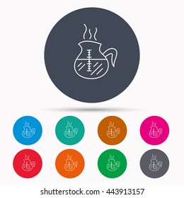 Coffee kettle icon. Hot drink pot sign. Icons in colour circle buttons. Vector