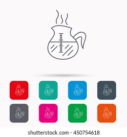 Coffee kettle icon. Hot drink pot sign. Linear icons in squares on white background. Flat web symbols. Vector