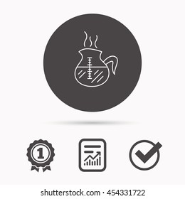 Coffee kettle icon. Hot drink pot sign. Report document, winner award and tick. Round circle button with icon. Vector