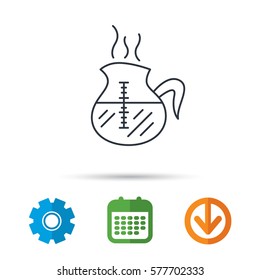 Coffee kettle icon. Hot drink pot sign. Calendar, cogwheel and download arrow signs. Colored flat web icons. Vector