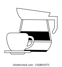 Coffee kettle and mug in dish in black and white