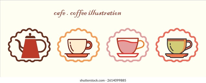 Coffee Kettle and Mug Flat Icons set.  Cafe Branding, Restaurant, Menu Design and Cafe Decor for App Icons and Stickers