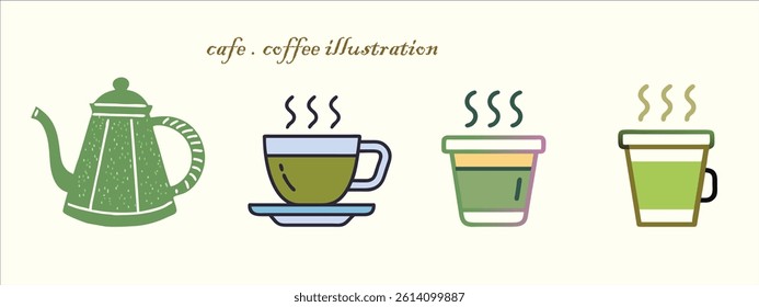 Coffee Kettle and Mug Flat Icons set.  Cafe Branding, Restaurant, Menu Design and Cafe Decor for App Icons and Stickers