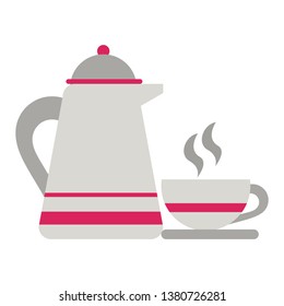 Coffee kettle and mug on dish flat