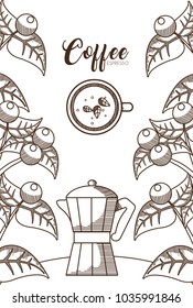 Coffee kettle with plant and beans