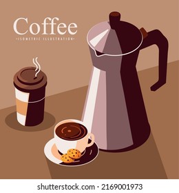 hervidor de café y taza de plástico con galletas, isométricas