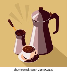 coffee kettles and cup, isometric