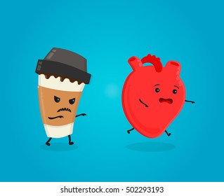 Coffee kill heart. caffeine danger healthcare  concept. caffeine kills. Vector flat cartoon character illustration