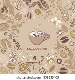 Coffee kinds menu drinking cup Cappuccino. Vector hand drawing illustration on magic coffee background.