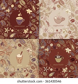 Coffee kinds set of americano, cappucino, glace, macchiato. Types of coffee with floral and coffee beens vector background. Template for design cards, notebook, shop, poster? package design.