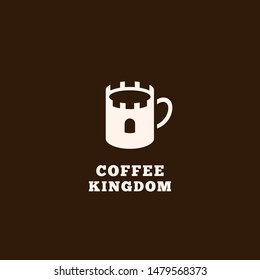 Coffee kingdom logo design template with stylized mug on dark background. Vector illustration.