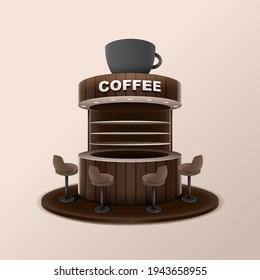 Coffee kiosk with big cup on roof. Cafe or shop concept. Vector illustration