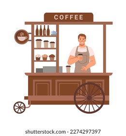 En el exterior hay un quiosco donde se venden bebidas frescas y bebidas. Un callejón aislado con una variedad de productos y sabores. Dibujo plano, ilustración vectorial